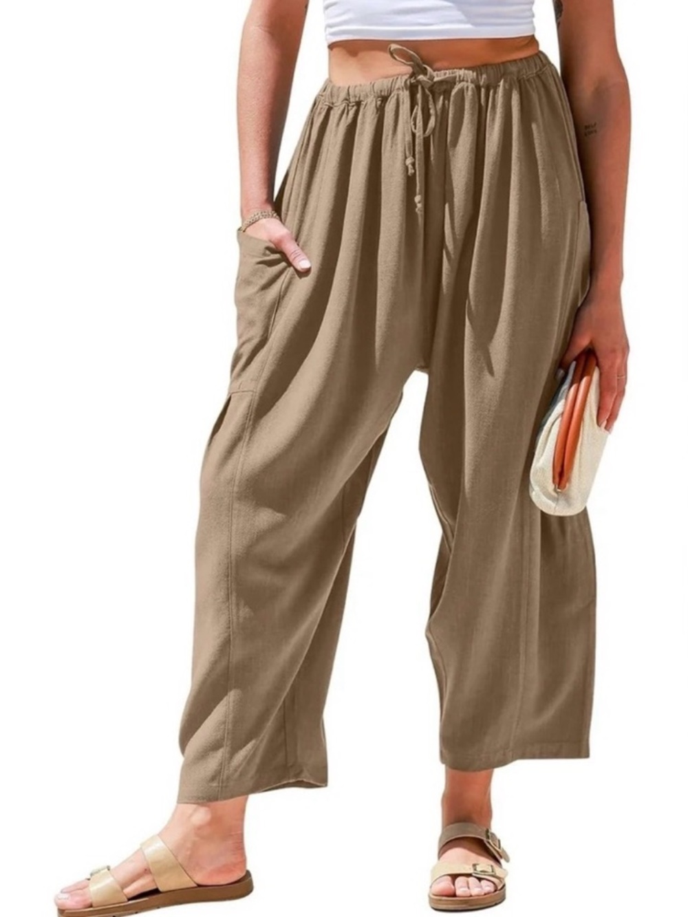 TARSE Linen Blend Wide Leg Cropped Pants XL Taupe Elastic Waist Lounge - Picture 7 of 7